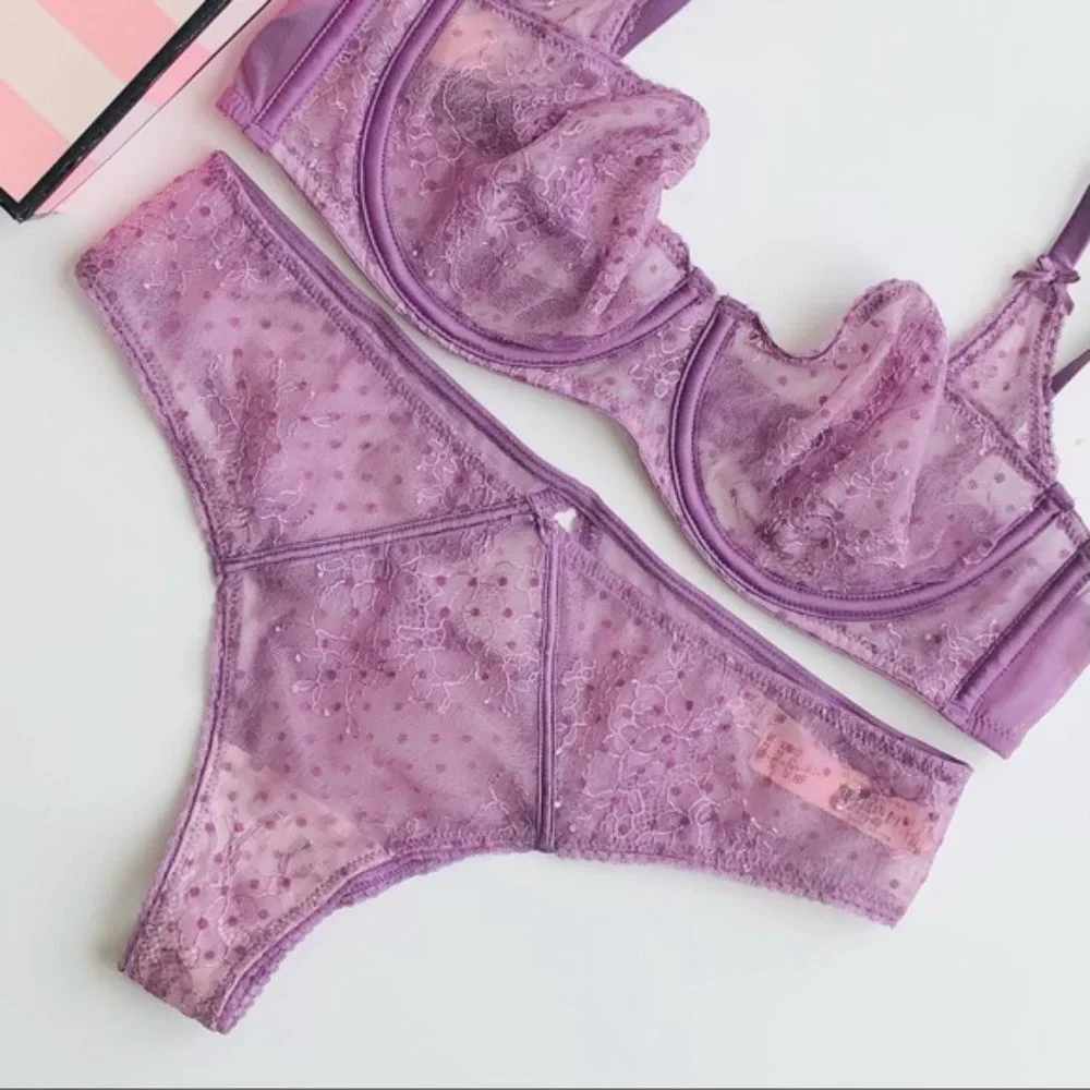 Victoria's Secret Lavender Sheer Lace Underwire Bra & Bikini Set with Sequins